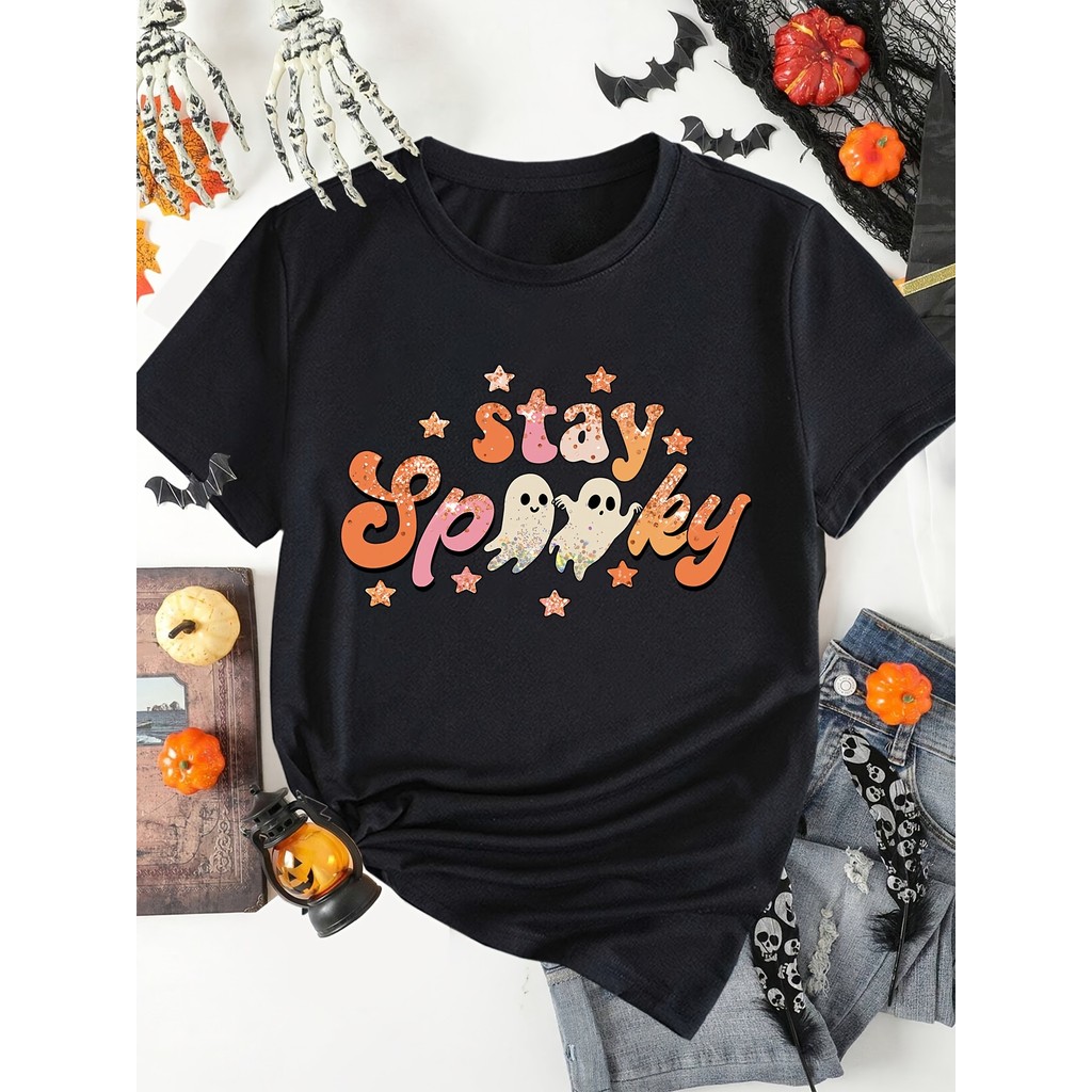 Bonito Camiseta Feminina Casual De Algodão Com Slogan "Stay Spooky" E Estampa De Fantasma De Halloween