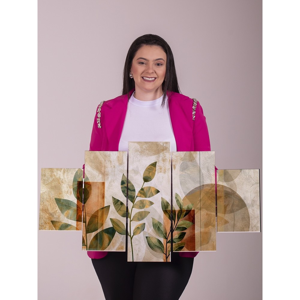 Quadro Decorativo 5 Peças Folhagem Verde e Marrom Sala Quarto Moderno Painel Parede