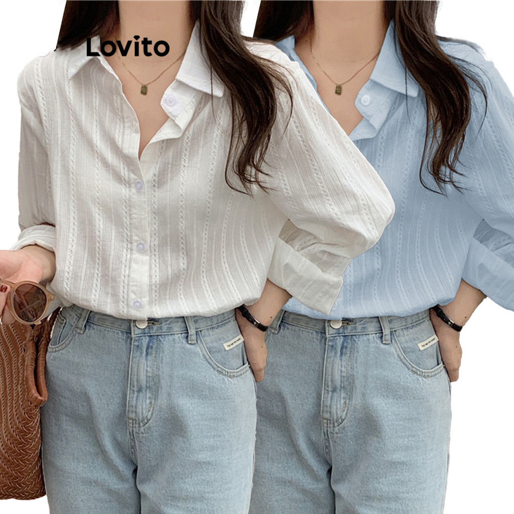 Lovito Blusa Casual Lisa Jacquard Manga Comprida Blusa Feminina LNE27024 (Multicolorido) em Oferta na Shopee