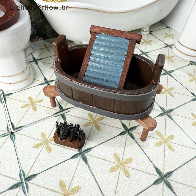 LOF 1 : 12 Casa De Bonecas Em Miniatura Com Barril De Madeira Escova De Tábua De Lavar Conjunto De Três Peças Cena De La