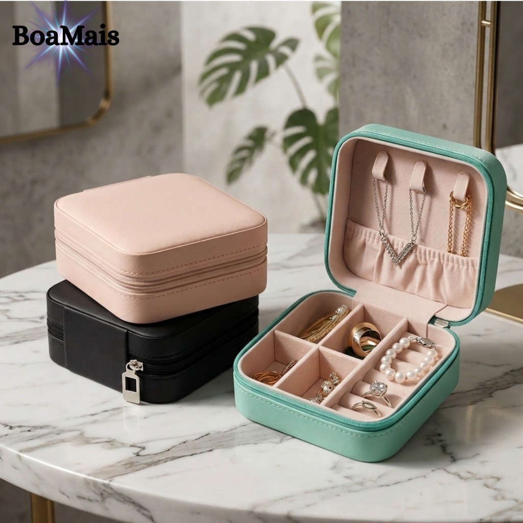 Kit 1/2 Porta Jóias Portátil | Mini Maleta Estojo Organizador Brincos Bijuterias Colares Anéis