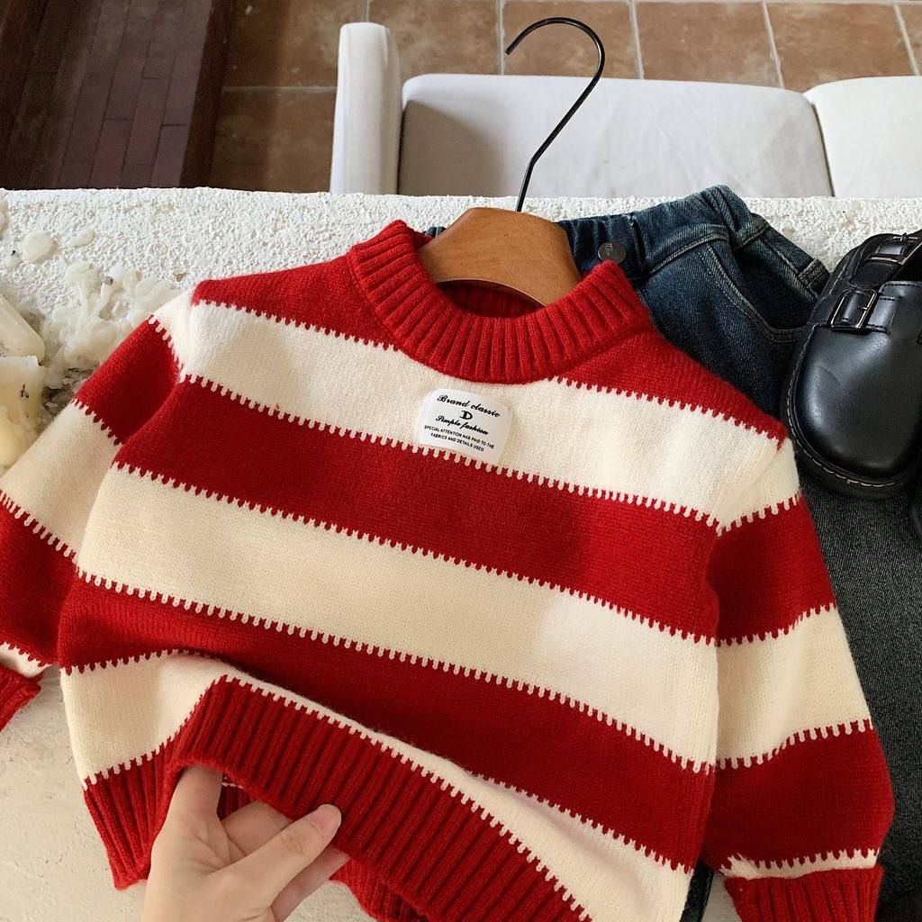 Suéter infantil 25 outono inverno roupas infantis meninos ano novo malhas quentes bebê infantil listrado camisa de fundo