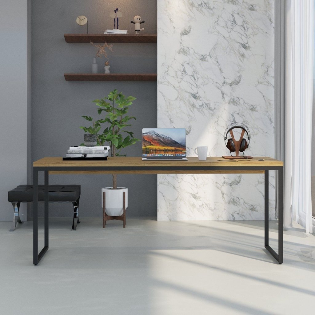 Escrivaninha Mesa Escritório Diretor Estilo Dynamica 60cm Industrial Yescasa Lamina Mel e Preto Marrom Lamina Mel /