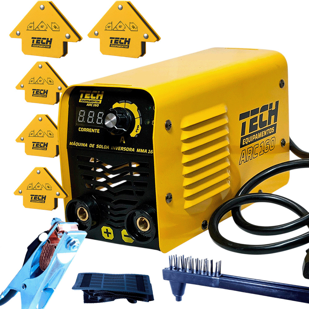 Kit inversora Solda ARC 160 TECH 220V com 5 Esquadros Magnéticos 12kg Porta Eletrodo Garra Máscara
