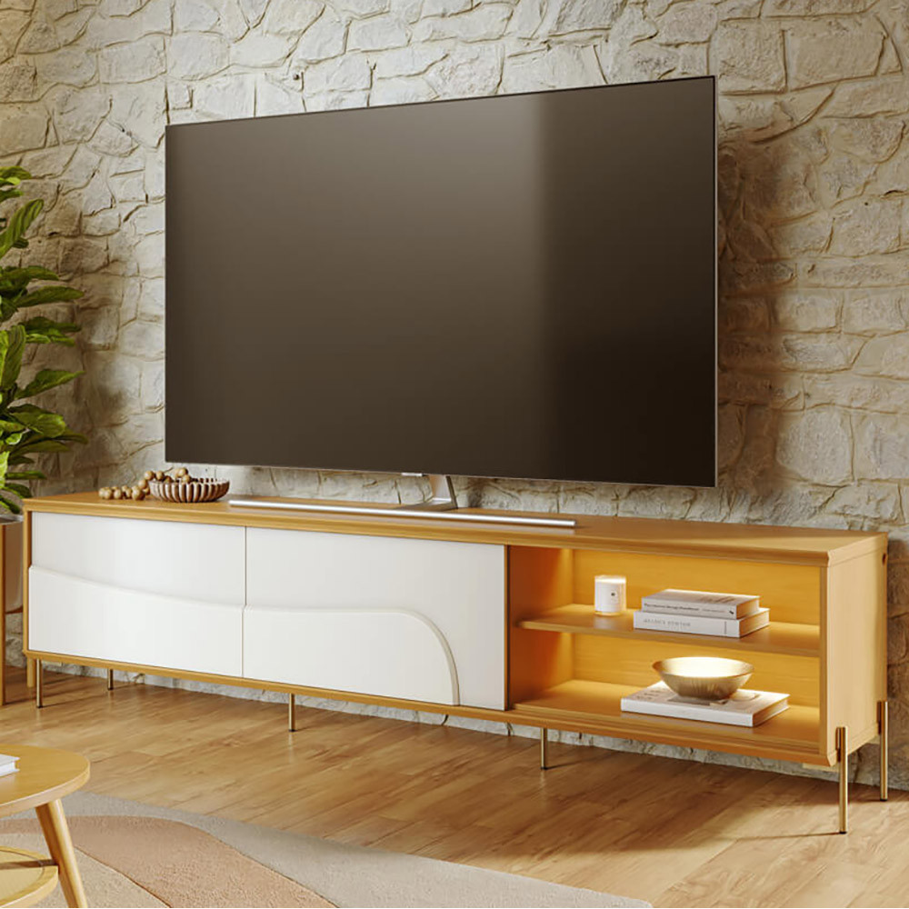 Rack Para Sala de Estar TV 75 Pol Com LED Pés Industrial 216cm Salerno C04 Naturale Off White Matte - Lyam Decor
