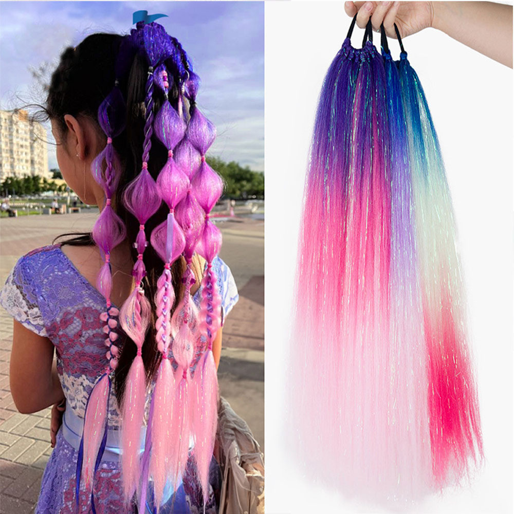 Longo colorido ez peruca trançado cabelo trançado 9 fios colorido rabo de cavalo seda Laser ouro seda cabelo sujo trança