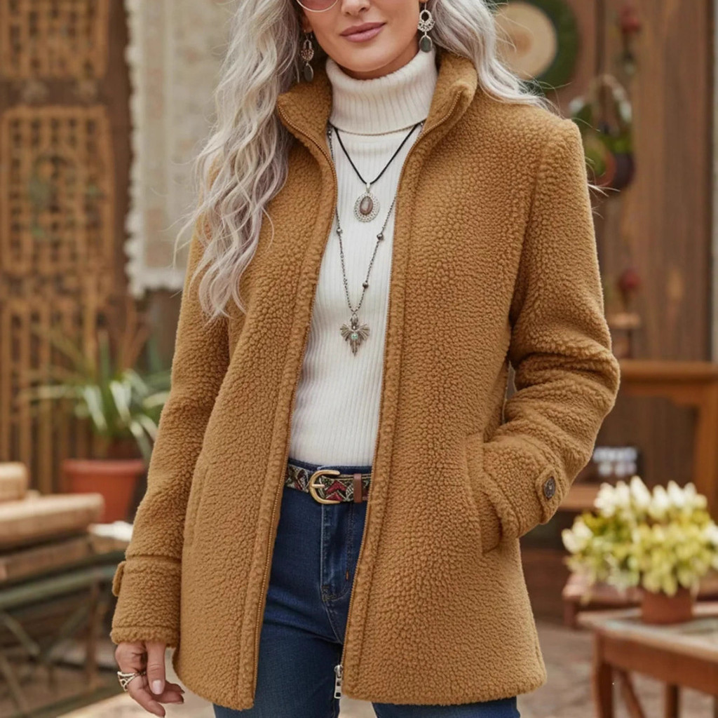 Gola Feminina Cor Sólida Solta Casual Moda Manga Comprida Jaqueta Com Zíper De Lã