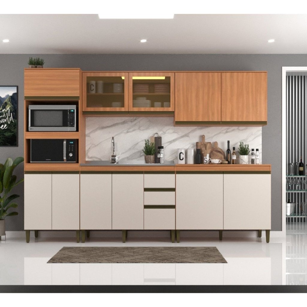 Cozinha Completa Modulada 5 Peças 11 Portas com Torre Quente e Vidro Reflecta Cecília Marrom/Freijó/Off White Off