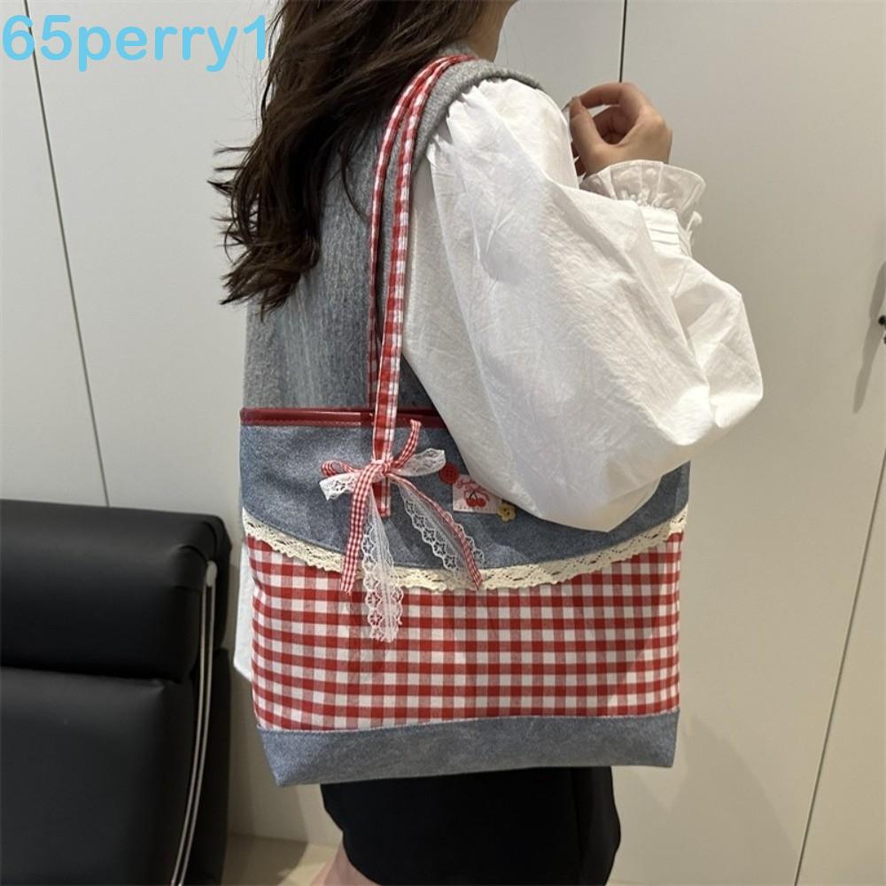 PERRY1 Bolsa Xadrez Jeans , De Ombro Com Laço De Renda Estilo Rural , Sacola Coreano De Grande Capacidade