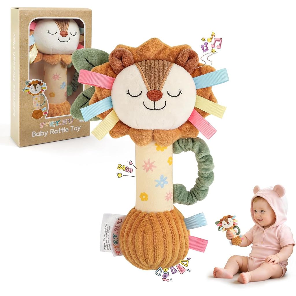 TYRY.HU Brinquedo Chocalho para Bebês, Leão de Pelúcia Sensorial com Sinos, Ruído e Apito, Brinquedo Sensorial Macio com