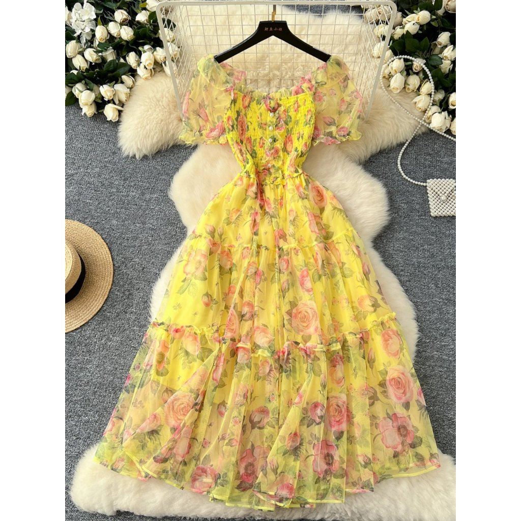 Vestido Vintage Francês Floral de Chiffon, Vestido Longo Sexy com Ombros Descidos e Mangas Bufantes em Tule para Mulhere