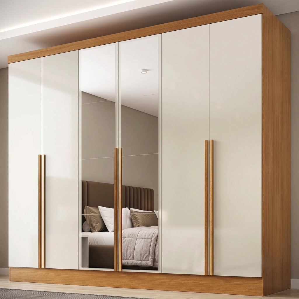 Guarda-Roupa 100% MDF 6 Portas 3 Gavetas com Espelhos Lisboa Yescasa Bege/Cinamomo/Off White Cinamomo/Off White