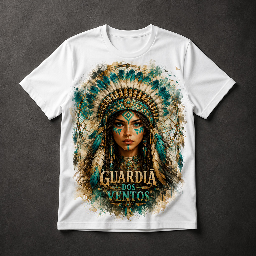 Camiseta Guardiã dos Ventos Indígena Tribal Mística Cocar Penas Arte Aquarela
