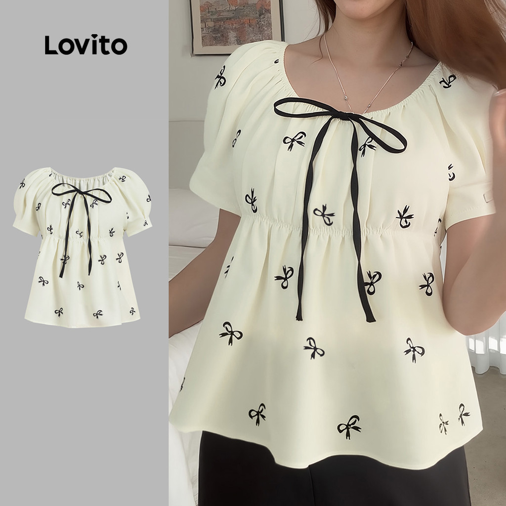 Lovito Padrão Fofo de Blusa com Laço para Blusa Feminina Primavera/Verão LK5ATD179