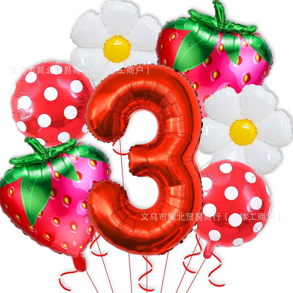 Kit 7 Balões 32pol Número Morango Foil Festa Verão Decoração Aniversário Infantil