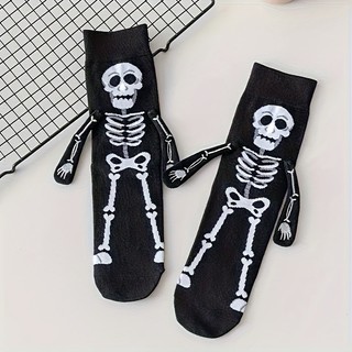 1 Par de Meias Criativas de Halloween com Padrão de Mãos de Esqueleto e Abóbora, Segurando-se de Mãos, Fofas e Peculiare
