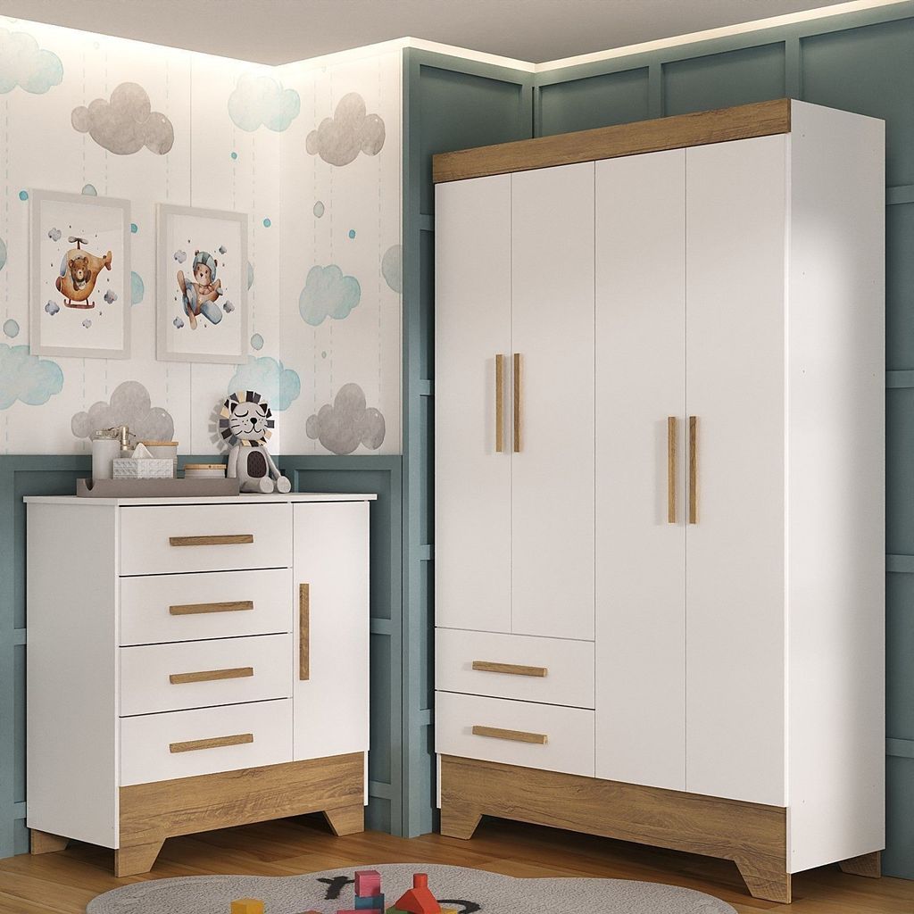 Quarto Infantil Completo Guarda Roupa 4 Portas 2 Gavetas com Cômoda Liz Espresso Móveis Branco/Fosco/Nature Branco