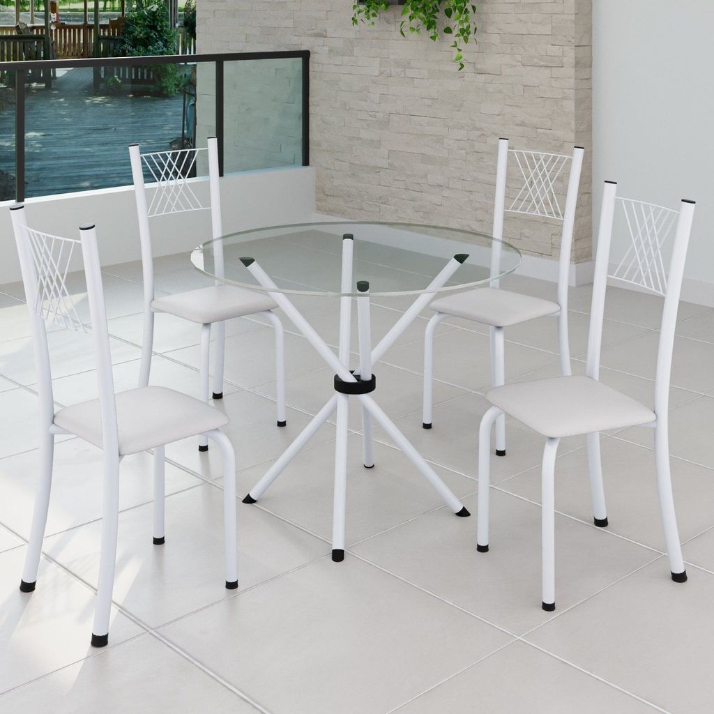 Conjunto de Jantar Mesa Tampo Redondo de Vidro Incolor com 4 Cadeiras Sara Yescasa Branco/Liso Branco Liso