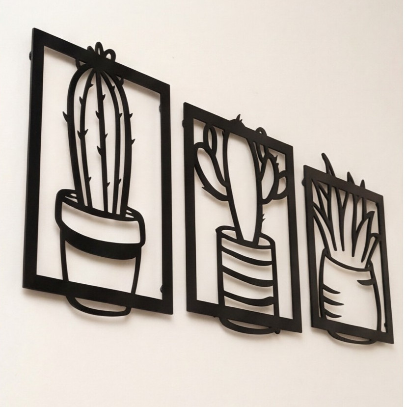 Kit 3 Peças Quadros Cactos Suculentas MDF Preto 3D Vazado Parede Decoração Sala Quarto Escritório