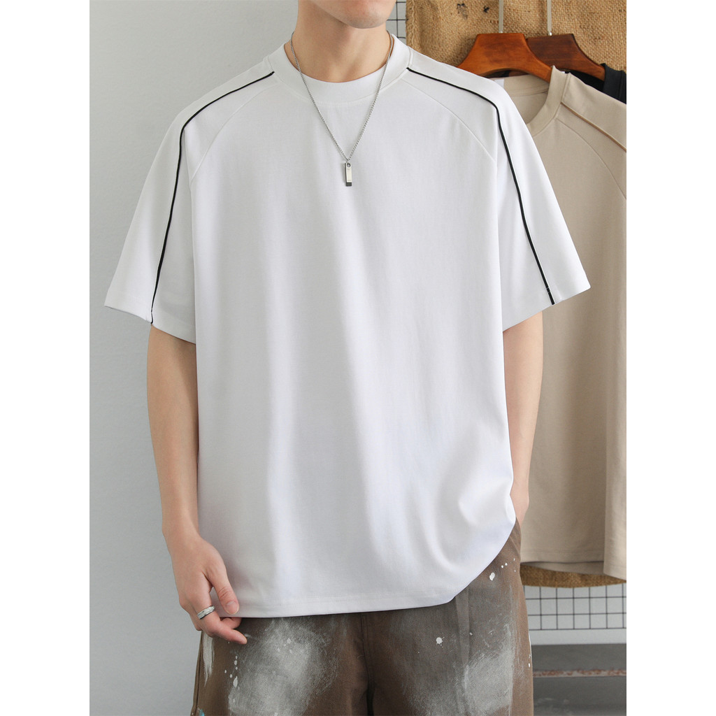 Design costura listrado camiseta de manga curta masculina verão Street Wear solto manga Raglan camiseta americano Casual