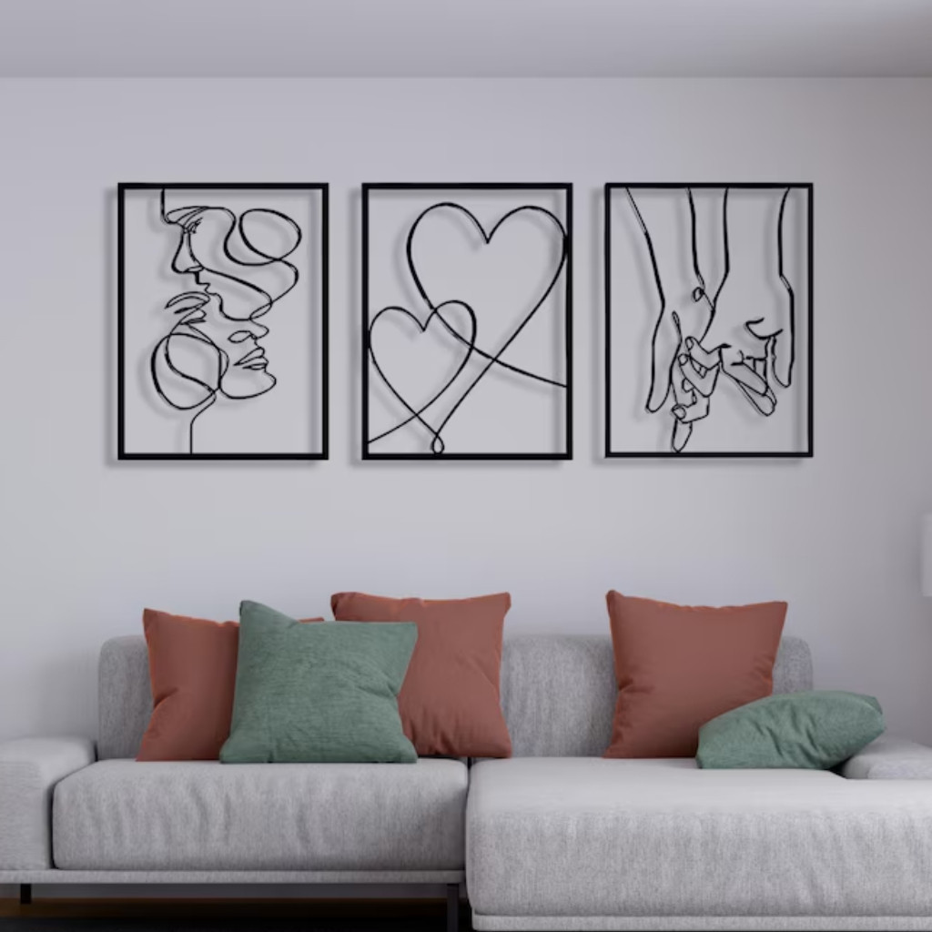 Quadro Decorativo Triplo Amor Minimalista em MDF – Casal, Coração e Mãos Dadas