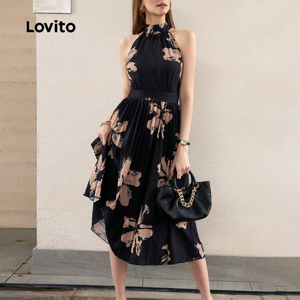 Detalhes do Lovito Vestido Elegante com Pregas Nas Costas Sem Manga Primavera/verão Preto para Mulheres L142LD483