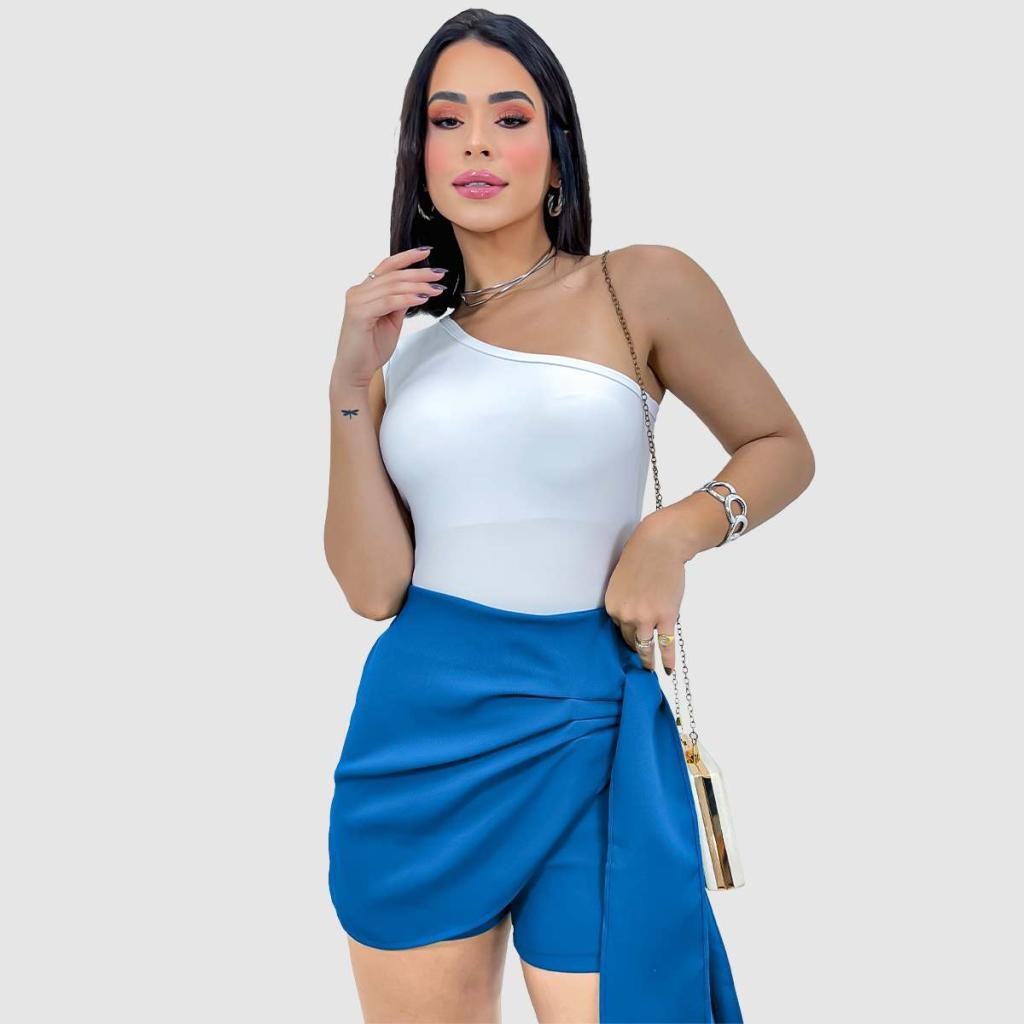Conjunto 2 Peças Body Mula Manca Manga Longa E Short Saia Curto Alfaiataria Soltinho Verão