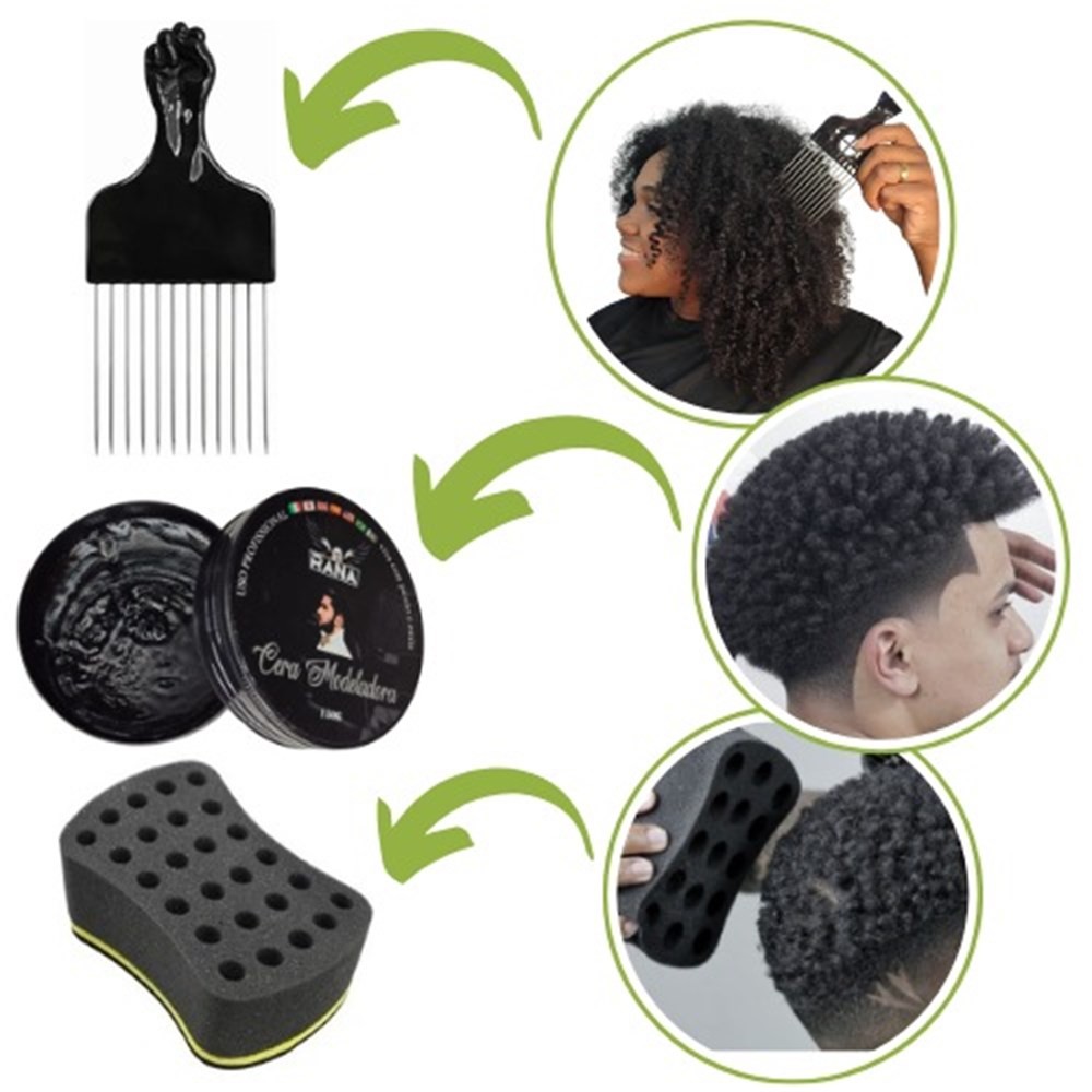 Kit Esponja Nudred 1 Lado M+Cera Modeladora Efeito Black+Pente Garfo M para Cabelos Black Power