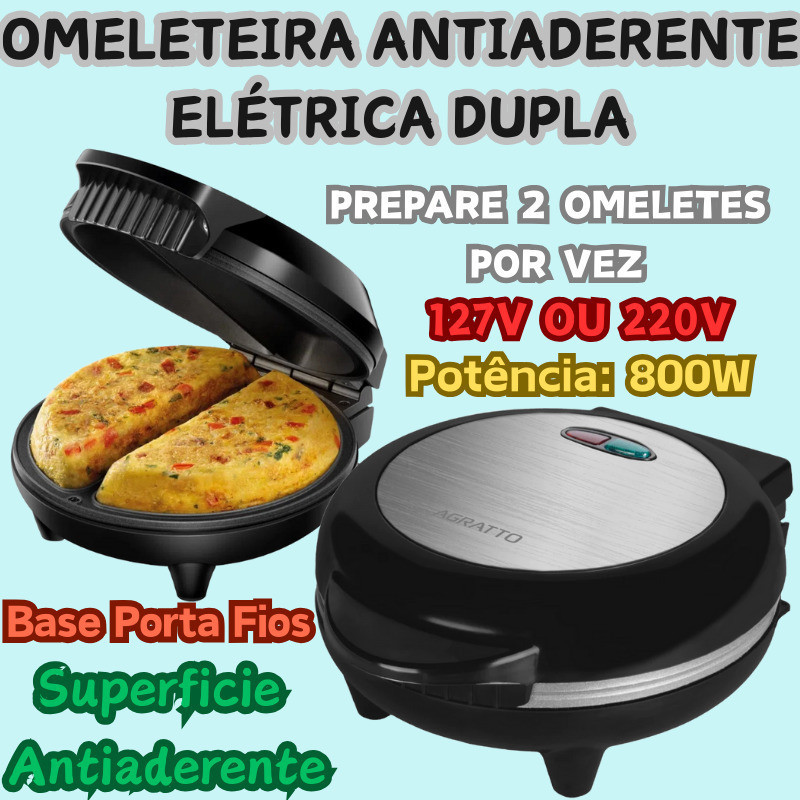 Omeleteira Antiaderente Elétrica Dupla 800W Acabamento Em Inox 127V Ou 220V Base Porta Fios