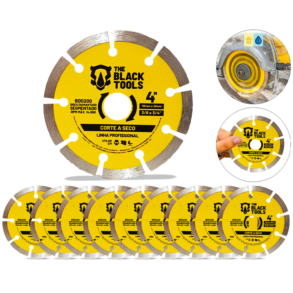 Kit 10 Discos De Corte Diamantado Segmentado 4 110mm X 20mm Cor Amarelo The Black Tools em Oferta na Shopee