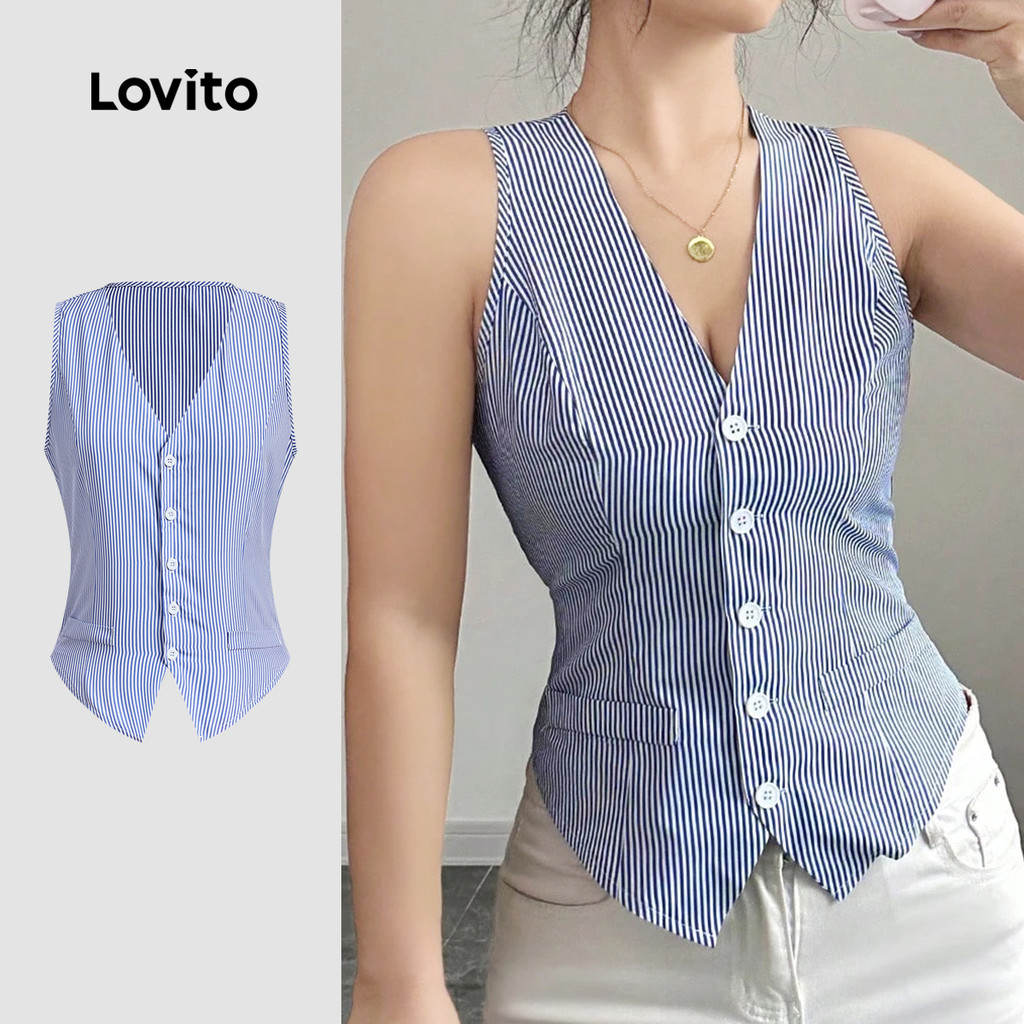 (Elegante) Lovito Blusa com Botões Na Frente para Primavera/verão Azul para mulh
