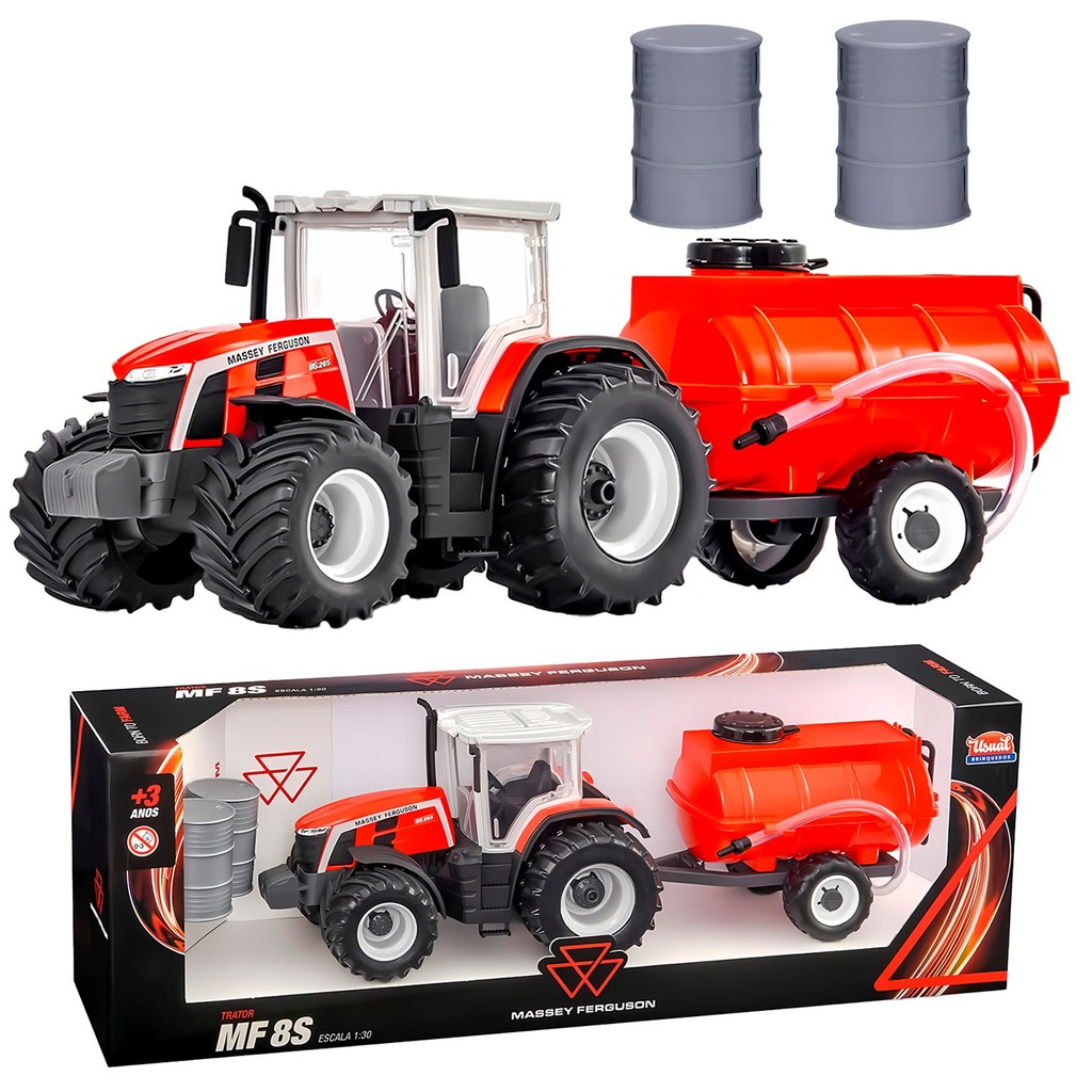 Brinquedo Trator Tanque Vermelho Massey Ferguson Miniatura Escala 1:30 Com Carreta E Acessórios