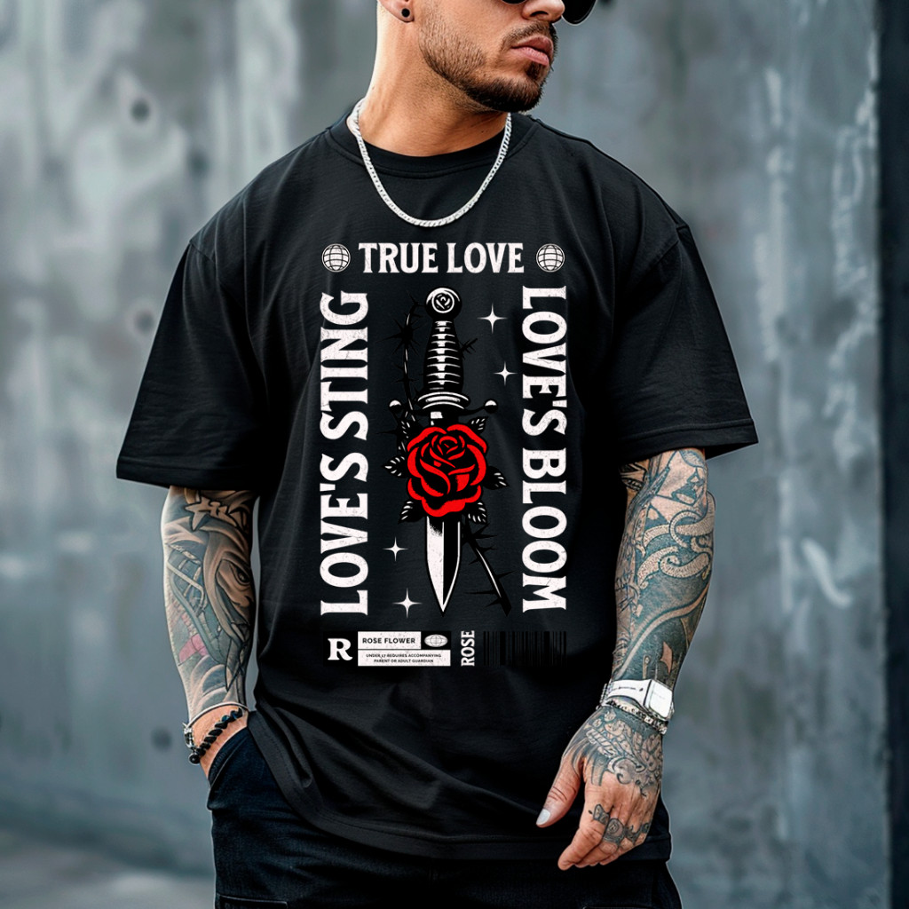 Camiseta Casual Masculina Streetwear Estampa Love's Sting True Love Espada 100% Algodão Premium