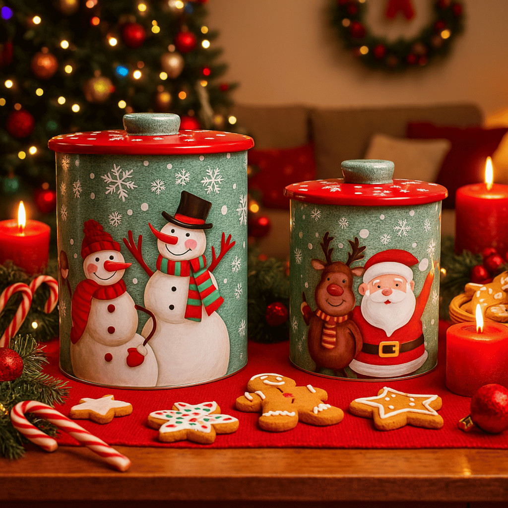 Kit 2 Pote Metal Natalinos c/ Tampa Papai Noel - Wincy Natal / Lata Decoração Porta Doces Biscoitos 