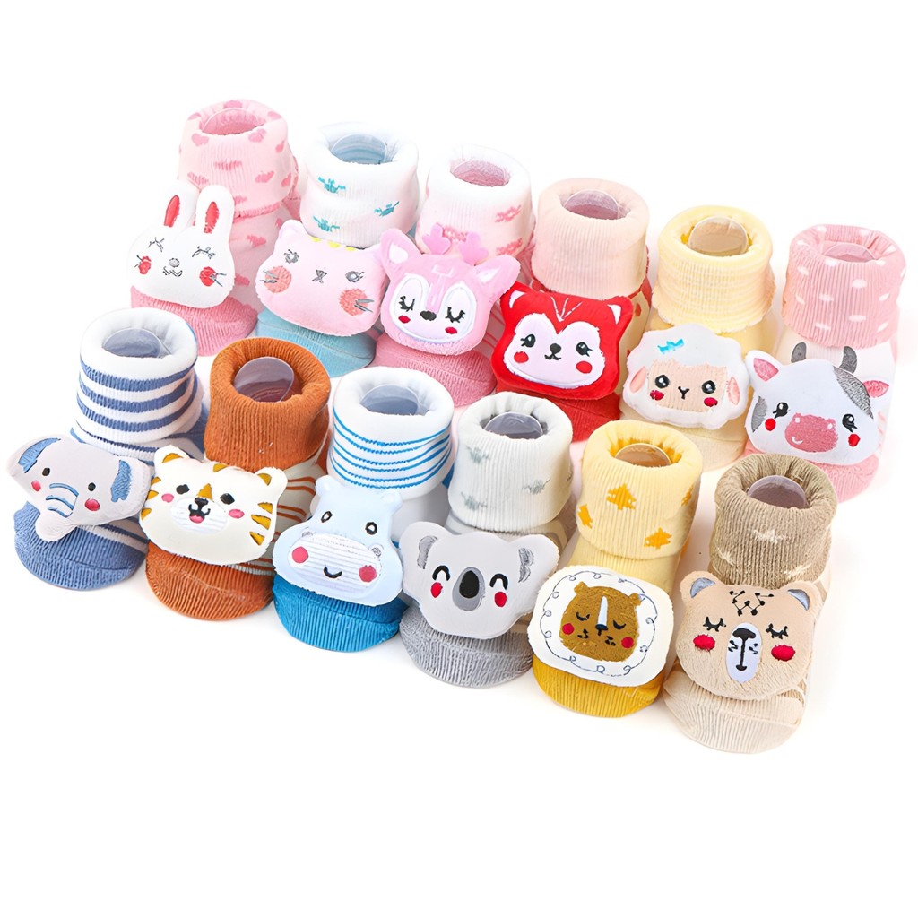 Kit 10 Pares de Meias Bebê Infantil com Antiderrapante Bichinhos em 3D e Chocalho menino e Menina