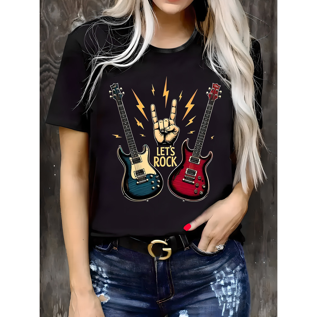 Camiseta preta solta unissex | Estampa de gesto de rock e guitarras - Camisa casual de festival estilosa em Oferta na Shopee