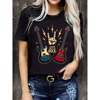 Camiseta preta solta unissex | Estampa de gesto de rock e guitarras - Camisa casual de festival estilosa em Oferta na Shopee
