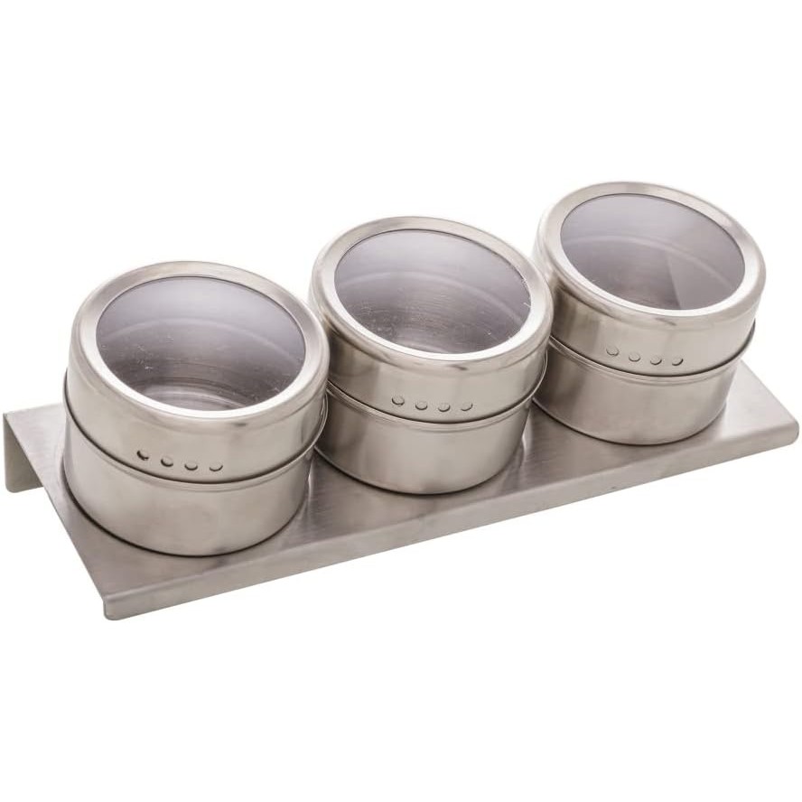 Conjunto 3 Porta Temperos de Aço Inox com Tampa Acrílico e Suporte Imantado 80ml - Lyor