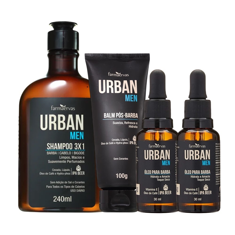 Kit Shampoo Masculino 3×1 Balm Hidratante Pós e 2 Óleos para Barba Urban Men