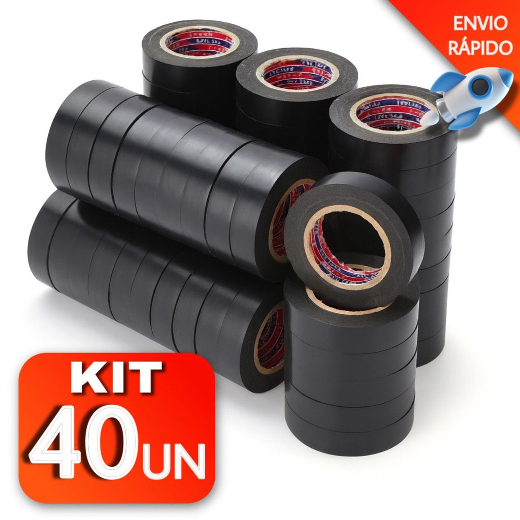 Kit 40 Fita Isolante Preta Antichama Classe Tensão Resistente a Raios 5 Metros