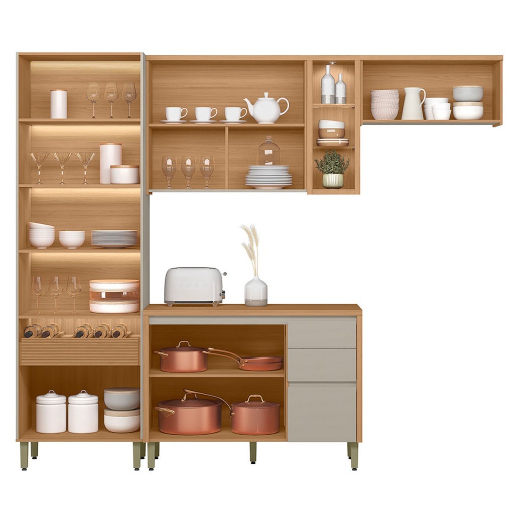 Cozinha Completa Allure 7 Portas 4 Gavetas 100% Mdf com Vidro Jequitibá/Gris - Linea Brasil · foto 2