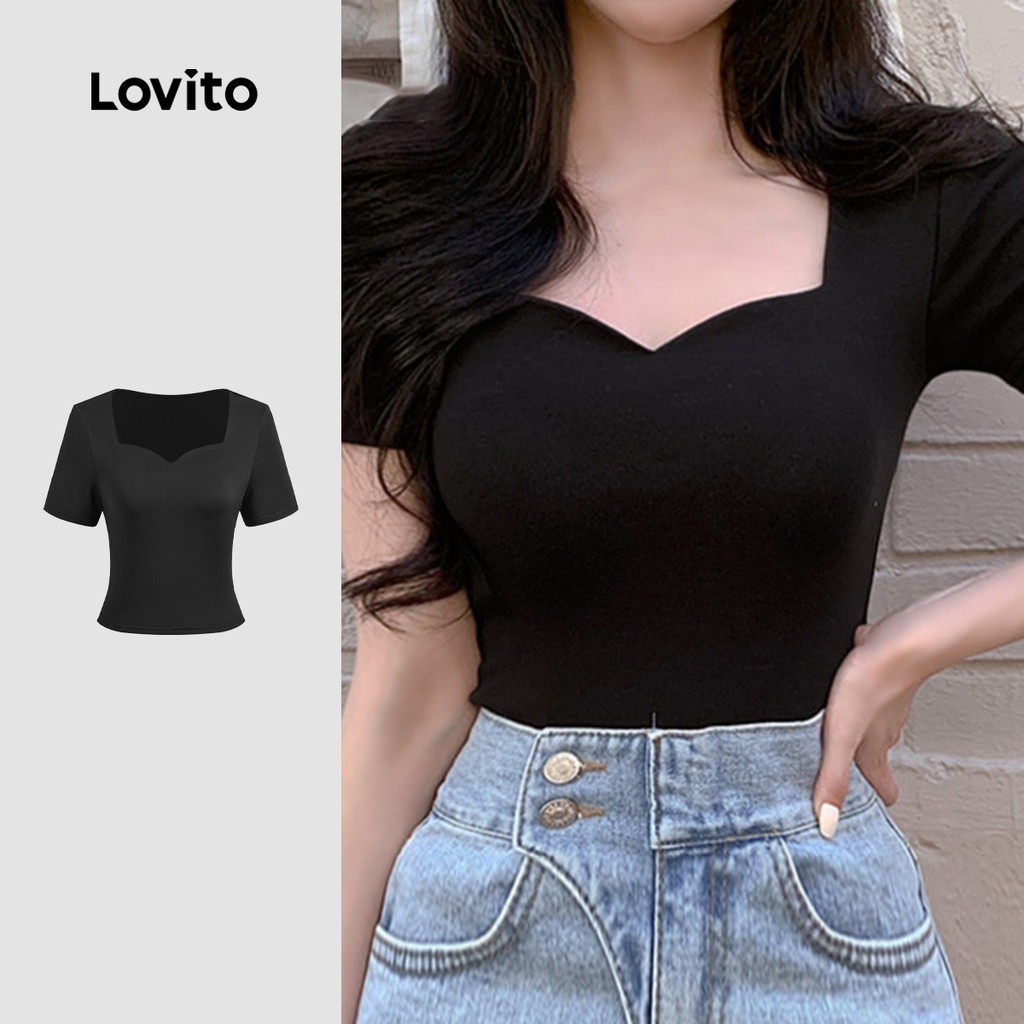 Lovito Camisa Casual de Manga Curta com Decote em V para Primavera/verão Camisa Preta para Mulheres L150ED686 em Oferta na Shopee