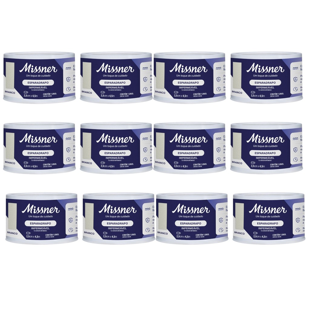 Kit 12 Esparadrapo Impermeável Branco 2,5cm X 4,5m - Missner