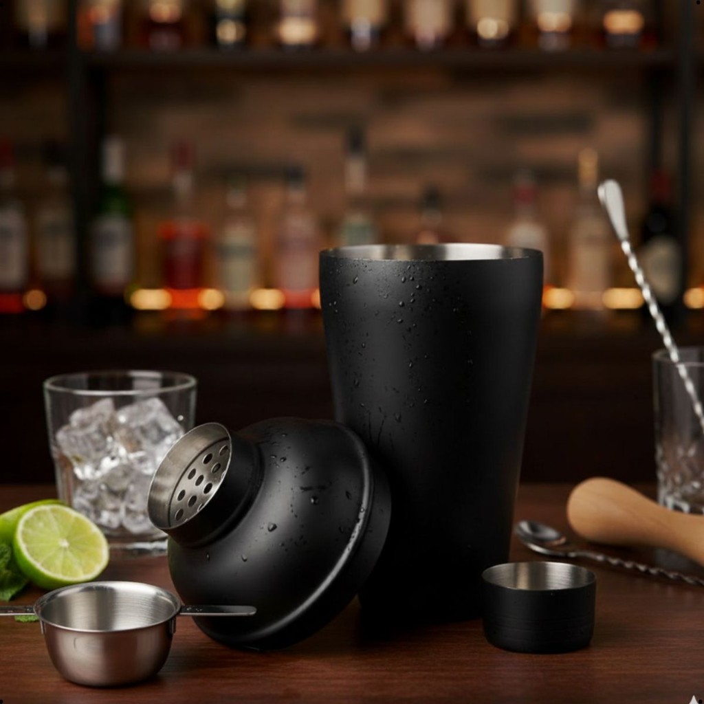 Coqueteleira Inox com Tampa Preta 550ml + Dosador Inox 50ml