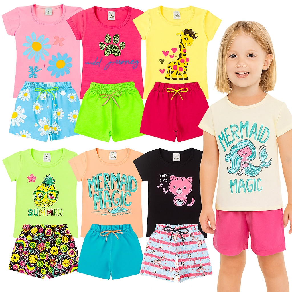 Kit Sortido 4 Peças de Roupas Infantil Menina  Camisetas +  Bermudas - Kit 2 Conjuntos Infantil Menina Verão Bebê