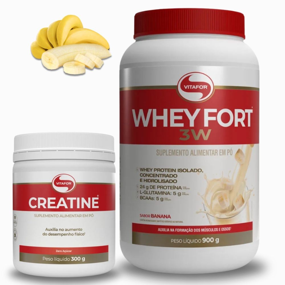 Kit Whey Fort 3W 900g Vitafor Banana + Creatina 300g Vitafor
