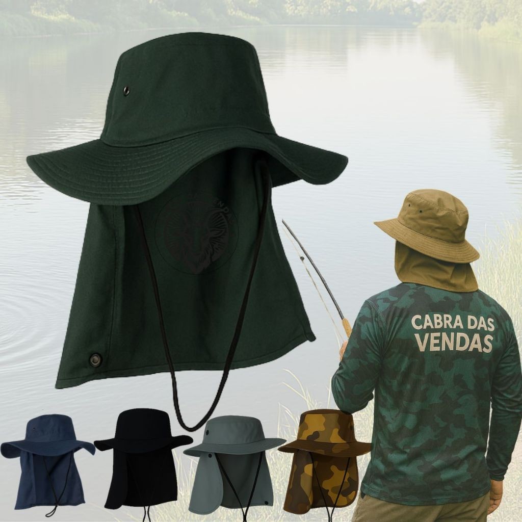Chapéu Pescador Australiano Proteção Solar – Boné com Aba e Flap na Nuca para Pesca, Camping e Trilhas