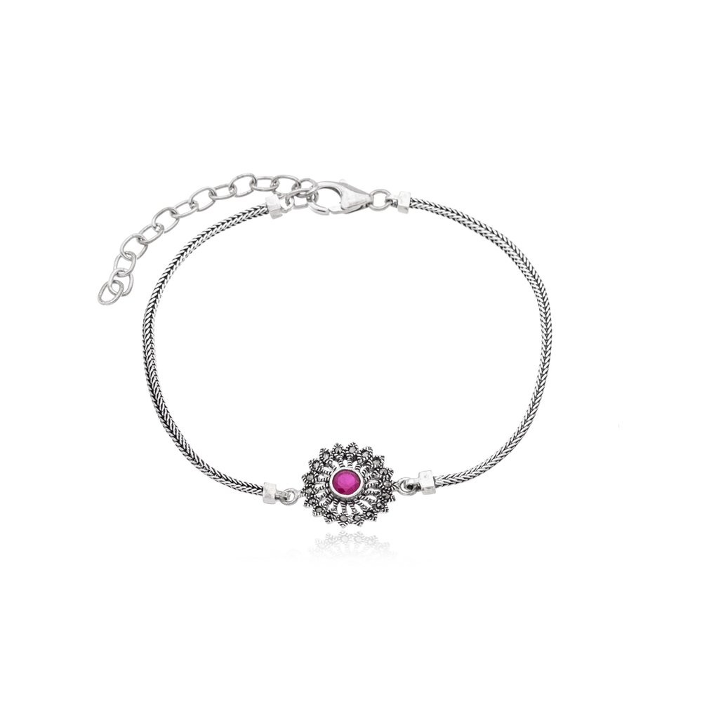 Pulseira Minimalista Prata de Bali 925 com Rubi Indiano Rubi Indiano