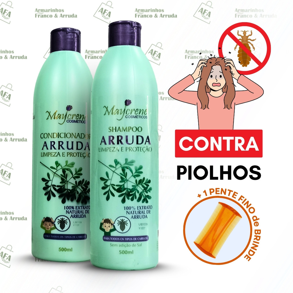 Kit Extrato de Arruda Contra Piolhos (Shampoo e Condicionador) Maycrene 500ml + 1 Pente Fino