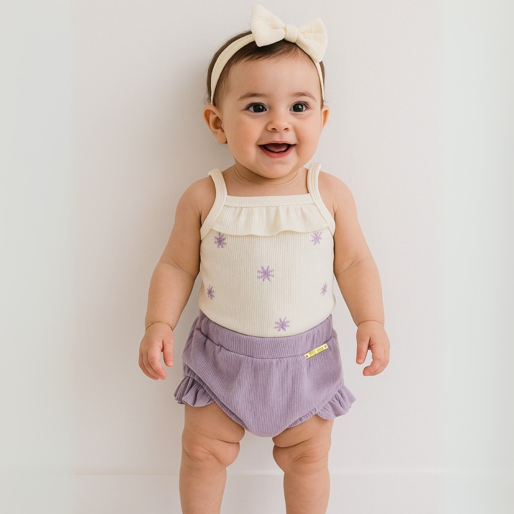 Conjunto Bebê Menina Body Off Canelado Bordado + Tapa Fralda Lavanda 2 peças verão